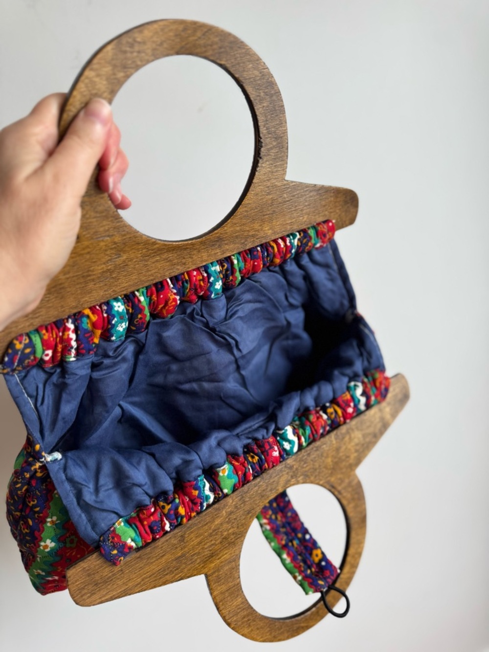 Vintage Boho Folk Print Wooden Handle Bag Cottagecore Festival Summer Purse - Picture 5 of 9